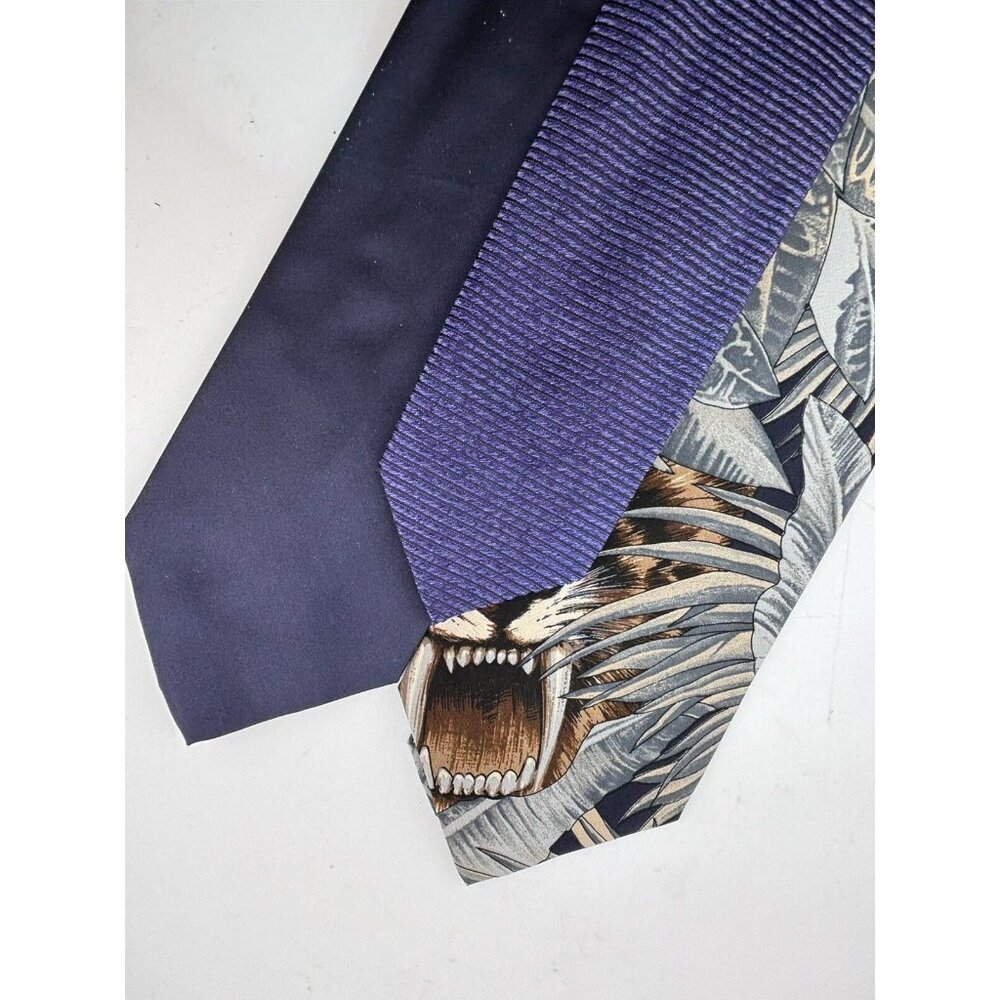 VTG ASSORTED LOT OF 3 -Blue Silk Ties Made in Italy - Jungle, Solid & Textured